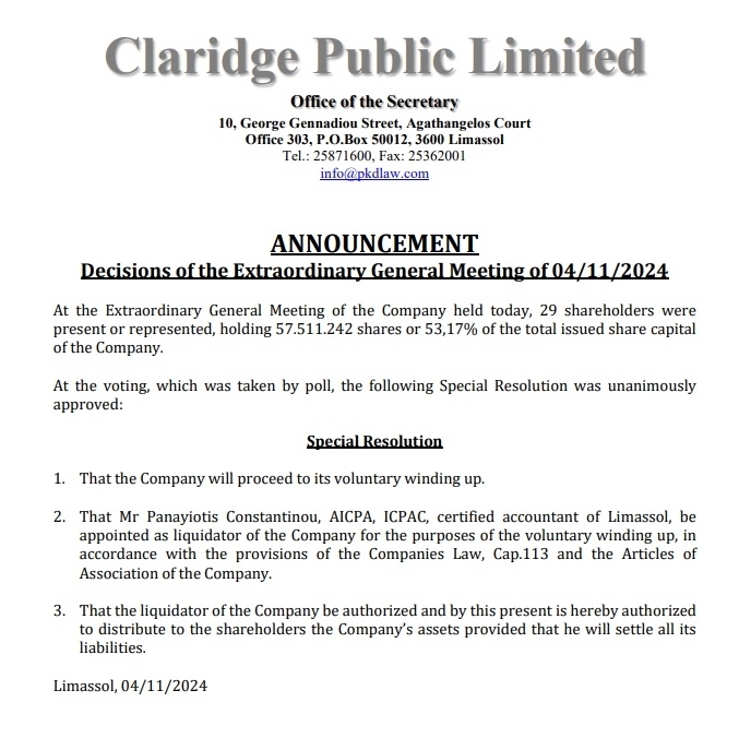 Claridge Public Ltd Liquidation